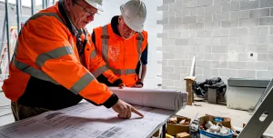 Two men in orange PPE look at plans on a table on a construction site