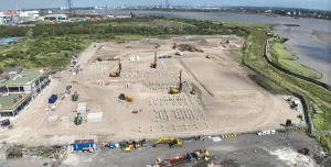 An aerial view of RBL installing 250 mm square driven precast concrete piles to support Eurovia’s new asphalt and aggregates facility in Grays.