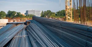 Rebar and a yellow tower crane