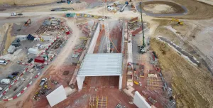 A 20-tonne prestressed beams lifted into place at Shab Valley underbridge.