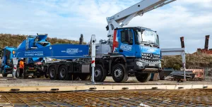 Ashcourt’s new, blue Liebherr 42m truck-mounted concrete pump at work supplying Manton Quarry and regional construction projects.