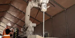 ChangeMaker3D’s robotic printing hub at Wigan Wastewater Treatment Works, where 3D-printed concrete components are produced for United Utilities and Scottish Water. (Image: ChangeMaker3D)