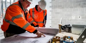 Two construction workers look at plans laid out on a table inside an under construction building