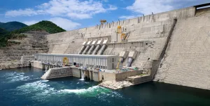 The Grand Ethiopian Renaissance Dam viewed from below and to the right, inaugurated in September 2025, is the largest roller-compacted concrete gravity dam in Africa.