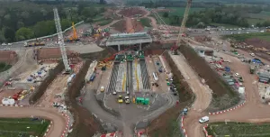 An aerial view of The 14,500-tonne concrete box structure for HS2’s A46 Kenilworth bypass bridge was built offline and slid into place in just 18 days. (Image courtesy HS2 Ltd)