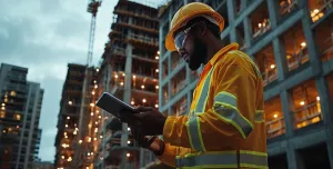 A construction worker in reflective clothing is intently reviewing a digital tablet at a bustling building site.