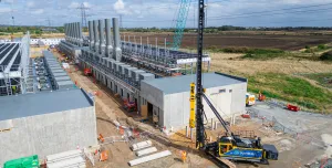 An aerial view of a Junttan PMx2e battery-electric rig driving RBL’s very low-carbon precast piles at Statera Energy’s Thurrock Flexible Generation site.