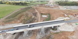 Aerial view of the Fosse Way and Offchurch Greenway bridges near Leamington Spa, delivered by Galldris for Balfour Beatty VINCI.