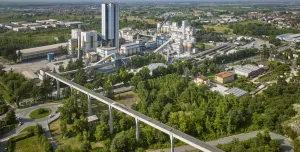 An aerial view of Heidelberg Materials' cement plant in Rezzato-Mazzano, Italy, surrounded by countryside