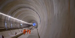 Inside and under construction rail tunnel