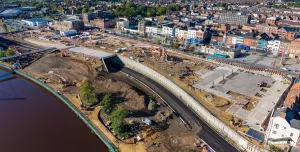 An aerial photo of the the Stockton Waterfront Urban Park. with the town in the background