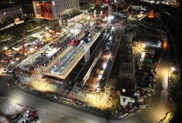 Night time photo of the first concrete pour for HS2's Curzon 3 Viaduct decks