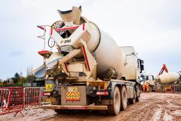 A truck mixer delivers concrete to HS2