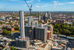 An aerial photo of high rise buildings under construction