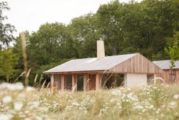 A small single storey house on the edge of a wood