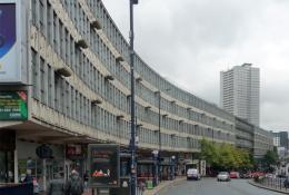 The facade of a huge shopping centre in the Brutalist style