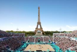 The Eiffel Tower with a Paris 2024 Olympic tennis court in the foreground