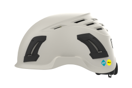 A black and white construction safety helmet against a white background