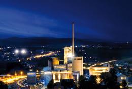 A night time photo of the Jura Cement Plant, Wildegg, Switzerland, which produces approximately 1 million tonnes of cement for the Swiss market and is a leader in the use of alternative fuels.