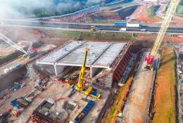 An aerial view of a Construction of a 14,500-tonne box structure designed to take the new HS2 line under the A46 Kenilworth Bypass in Warwickshire