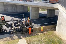 Wirtgen's SP 33 slipform paver, unveiled at World of Concrete 2025 (21-23 Jan), Las Vegas, US, before getting its European debut at this year's bauma (7-13 Apr) in Munich, Germany, working under a concrete bridge on a motorway.