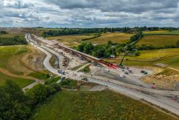 An aerial view of the Lower Thorpe Viaduct deck installed in its final position in June 2025
