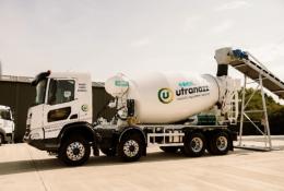 IMER's Superlight 9m³ Concrete Mixer at it's UK launch at Utranazz's Open Day on 13 and 14 June 2025, in white with a the Utranazz's logo on its side