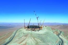 An aerial shot of the under construction the ELT (Extremely Large Telescope) on the Cerro Armazones mountain in the Chilean Atacama Desert. 