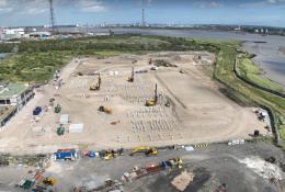 An aerial view of RBL installing 250 mm square driven precast concrete piles to support Eurovia’s new asphalt and aggregates facility in Grays.
