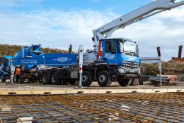 Ashcourt’s new, blue Liebherr 42m truck-mounted concrete pump at work supplying Manton Quarry and regional construction projects.