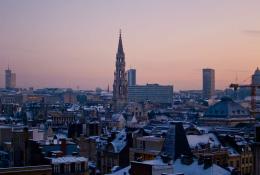 The Brussels city skyline at sunset