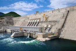 The Grand Ethiopian Renaissance Dam viewed from below and to the right, inaugurated in September 2025, is the largest roller-compacted concrete gravity dam in Africa.