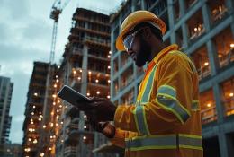 A construction worker in reflective clothing is intently reviewing a digital tablet at a bustling building site.