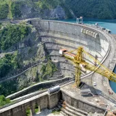 An aerial photo of a concrete dam