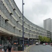The facade of a huge shopping centre in the Brutalist style