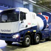 Singapore’s first electric-powered concrete truckmixer painted in Pan-United’s signature red and blue