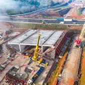 An aerial view of a Construction of a 14,500-tonne box structure designed to take the new HS2 line under the A46 Kenilworth Bypass in Warwickshire