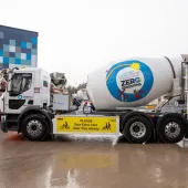 One of six, white concrete mixer trucks, part of Tarmac’s eMixer Discovery Programme which allows supply chain partners to lease an electric mixer for six months to test its performance before committing to long-term investment.