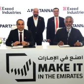 Representatives of Exeed Industries signing a Memorandum of Understanding with carbon-negative concrete pioneer Partanna at the Make it in the Emirates forum in Abu Dhabi, in May, 2025.