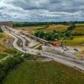 An aerial view of the Lower Thorpe Viaduct deck installed in its final position in June 2025