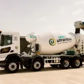 IMER's Superlight 9m³ Concrete Mixer at it's UK launch at Utranazz's Open Day on 13 and 14 June 2025, in white with a the Utranazz's logo on its side