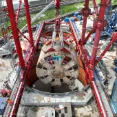 TBM Caroline being lifted from Green Park Way shaft after completing journey under the capital