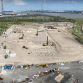 An aerial view of RBL installing 250 mm square driven precast concrete piles to support Eurovia’s new asphalt and aggregates facility in Grays.