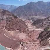 An aerial view of the The Rogun Dam in Tajikistan, which is on course to reach 335 m, supported by large-scale embankment, foundation and concrete works.