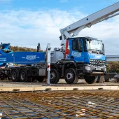 Ashcourt’s new, blue Liebherr 42m truck-mounted concrete pump at work supplying Manton Quarry and regional construction projects.