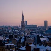 The Brussels city skyline at sunset