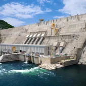 The Grand Ethiopian Renaissance Dam viewed from below and to the right, inaugurated in September 2025, is the largest roller-compacted concrete gravity dam in Africa.