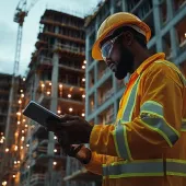 A construction worker in reflective clothing is intently reviewing a digital tablet at a bustling building site.