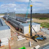 An aerial view of a Junttan PMx2e battery-electric rig driving RBL’s very low-carbon precast piles at Statera Energy’s Thurrock Flexible Generation site.