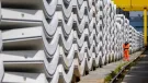 Precast concrete tunnel segments await transport to the construction site
